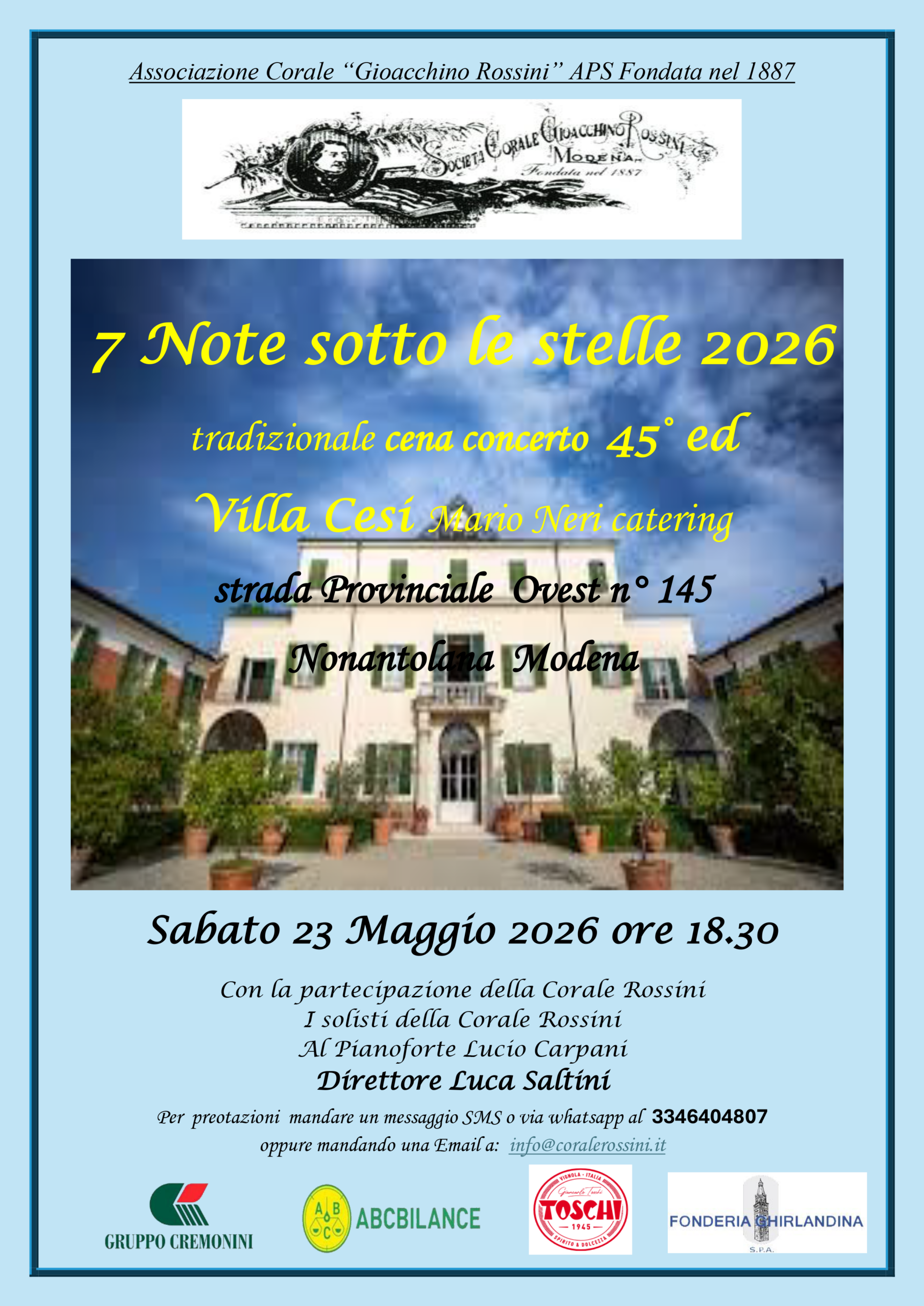 CENA-CONCERTO 7 NOTE SOTTO LE STELLE DELL’ASSOCIAZIONECORALE G. ROSSINI – VILLA CESI –NONANTOLA 23/05/2026